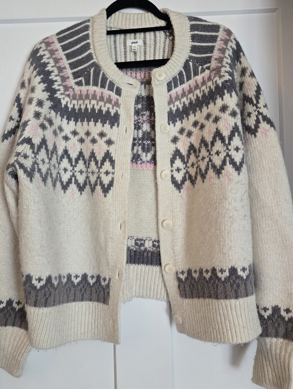 Aerie Womens Cream Fair Isle Button-Up Cardigan Sweater